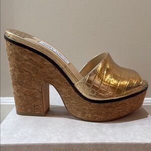 Jimmy Choo Gold Platform Mules with Cork Wedge